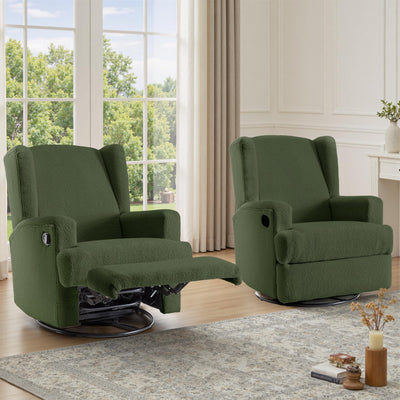 UIXE Swivel Glider Recliner Chairs Set of 2, Boucle High Back Accent Chair Nursery Rocker for Living Room, Upholstered Manual Reclining Sofa Seating with Deep Seat - Green