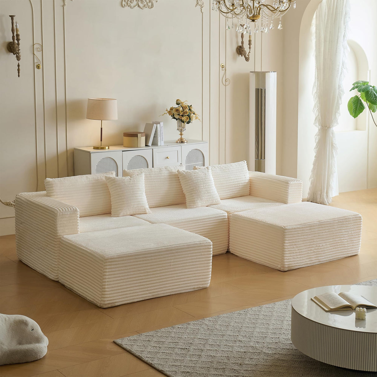 110" Modular Sectional Couch with 2 Movable Ottoman, Cloud Sofa Couches for Living Room, U Shaped Deep Seat Boneless Sofa,Luxury Corduroy Fabric, No Assembly Required White Veloflow