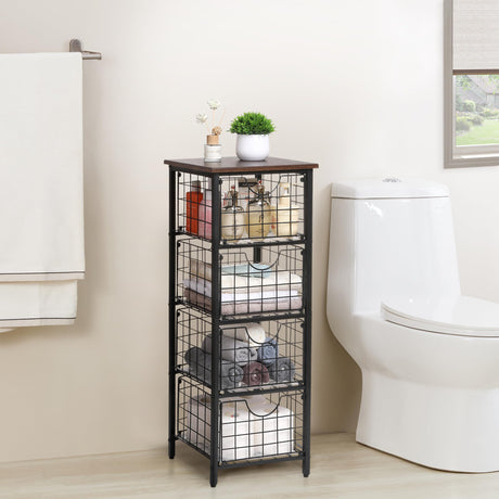 DINGTAI 5-Tier FreeStanding Storage Shelves with 4 Pull-Out Baskets,Bathroom Organizer Shelves Unit with WoodTop,Fruit Basket for Kitchen,Storage Tower Organizer Basket Cart for Bathroom，Black DINGTAI