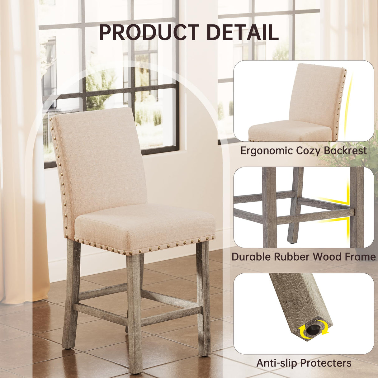 Bar Stools Set of 4, 25.5' Farmhouse Counter Height Barstools, Linen Upholstered Bar Chairs with Ergonomic Backrest and Wood Legs for Kitchen Island, Home Bar, Beige Farati