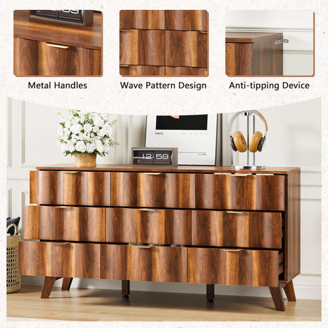 QEIUZON 9 Drawer Dresser, Modern Fluted Storage Dresser with Deep Drawers and Metal Handles, Wood Chest of Drawers Storage Organizer for Bedroom, Living Room, Hallway (Walnut) QEIUZON