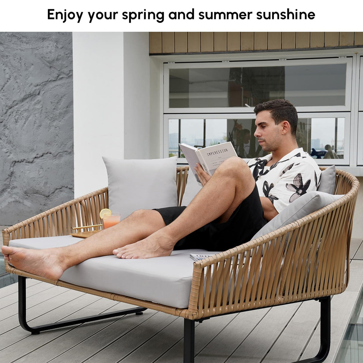 homary Rattan Patio Outdoor Daybed, Rattan Day Bed with Cushion Pillow & Aluminum Frame Sunbed Sofa Set Patio Loveseat,Gray homary