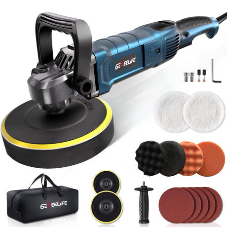 GEVEELIFE Buffer Polisher, 6 Inch/7 Inch 1600W Rotary Car Buffer Polisher Waxer, 7 Variable Speed 1000-3500 RPM, Detachable Handle for Car, Boat Sanding, Polishing, Waxing GEVEELIFE