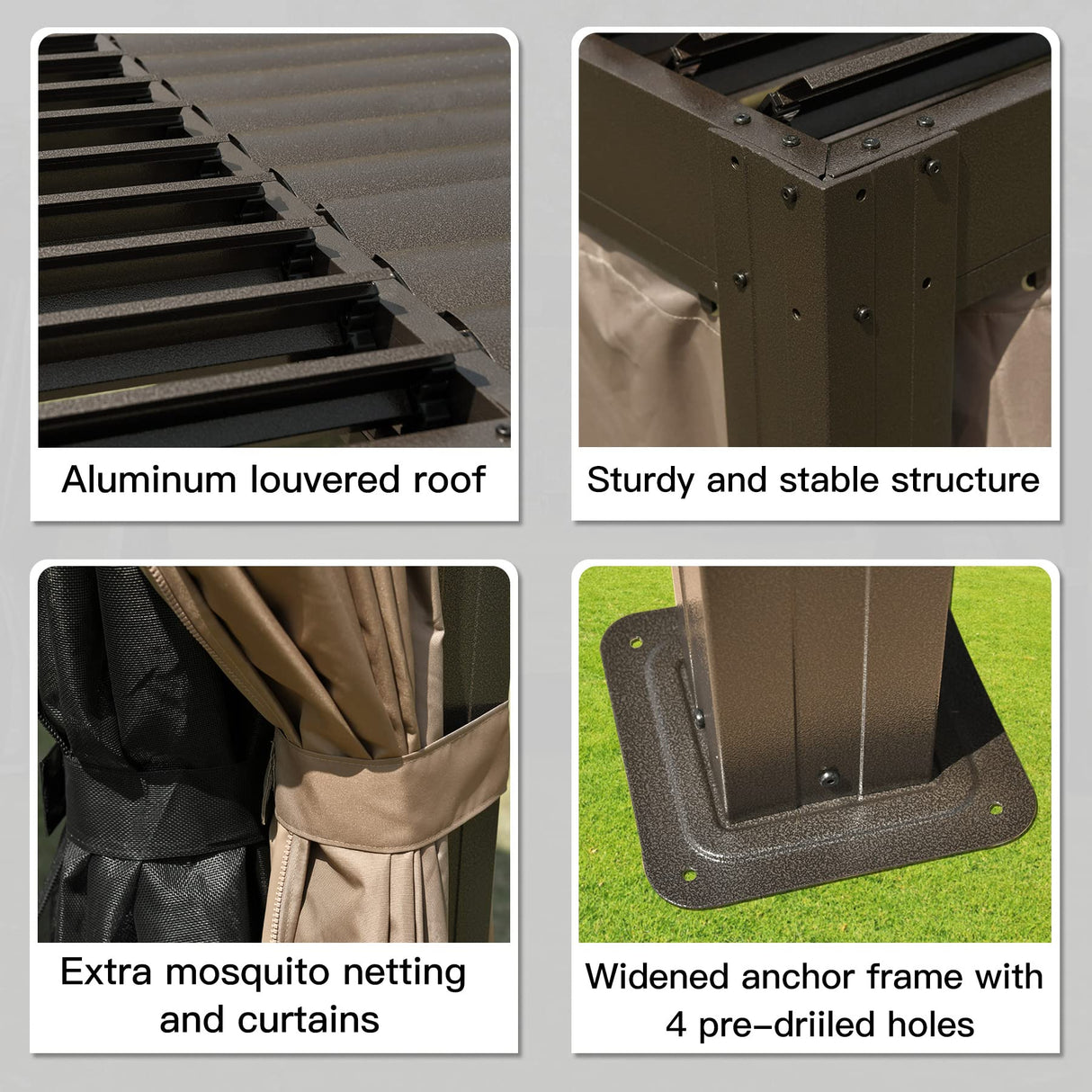 Domi Outdoor Louvered Pergola 12x16FT All Aluminum Structure,Patio Rainproof Pergola with Two Independently Adjustable Roof for Backyard Garden w/Curtains and Netting - Dark Brown domi outdoor living