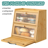 viewcare Large Bread Box for Kitchen Counter With Cutting Board, 2-Tier Bread Box, Bamboo Wood Large Capacity Bread Storage Bin with Acrylic Wavy Door Panel viewcare