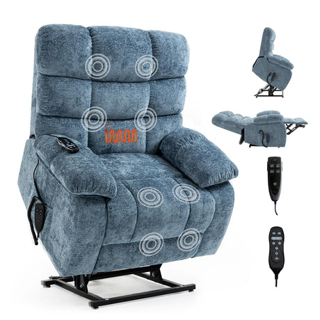 RHHVVR Oversized Power Lift Recliner Chair for Elderly, Dual Motor Lay Flat Recliner Big Chair with Massage and Heating, Chenille Electric Recliner Chairs for Living Room, Medium-Firm, Blue RHHVVR