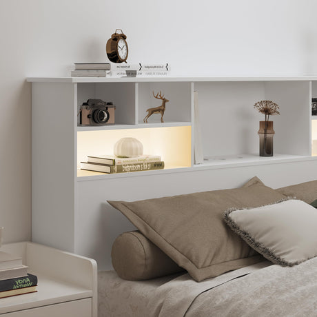 AYEASY Queen/Full Size Headboard with Storage, USB Charging Ports & LED Lights - Adjustable Noise-Free Design in White AYEASY
