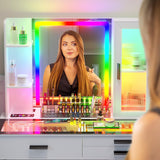 HENBC Vanity with Mirror and LED Lights, Glass Top Vanity Desk with Charging Station(Wireless+USB+Type-C), RGB Makeup Table Set with Stool/Makeup Organizer/6 Drawers (White) HNEBC