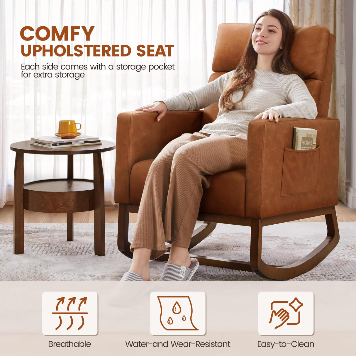 Yaheetech Leather Living Room Chair, Rocking Accent Chair, Modern Nursery Glider Chair with High Back and Side Pocket, Accent Rocker Armchair with Wood Legs for Living Room Bedroom Study, Brown Yaheetech