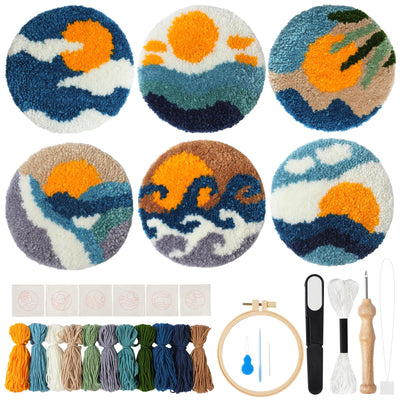 iienjoy Punch Needle Coasters Kit for Beginners Adults, 6 Pattern Embroidery Punch Needle Kits, Easy Tufted Rug Punch Decoration DIY Kit with Patterns, Tools, Yarns, Hoop, Instruction