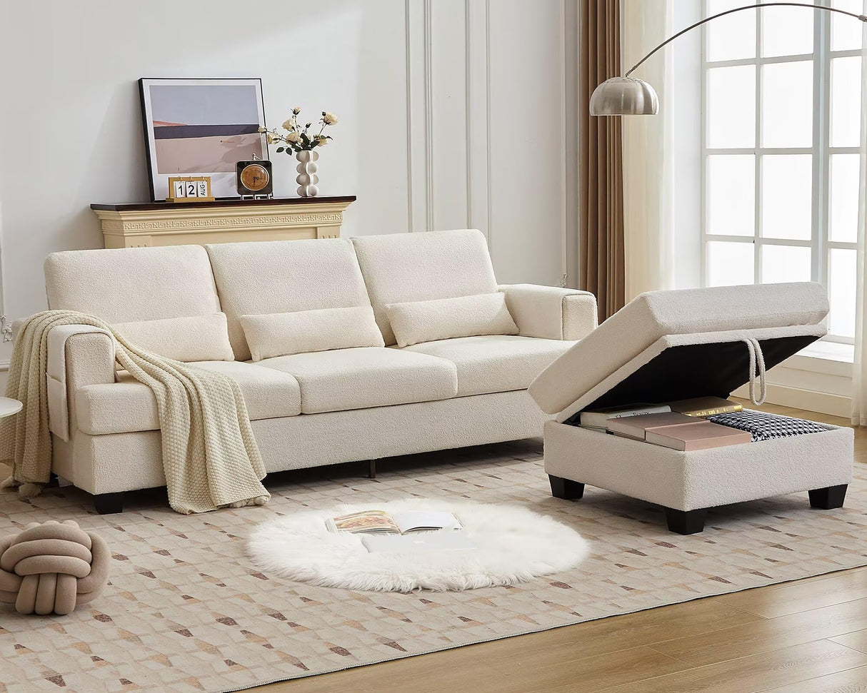 Siiejia 88" Sectional Couches for Living Room, Comfy L Shaped Sofa Couch with Storage Ottoman & Pocket, Modern 3 Seater Boucle Couch with Lumbar Pillows for Apartment, Office, Easy Assembly, Beige Siiejia