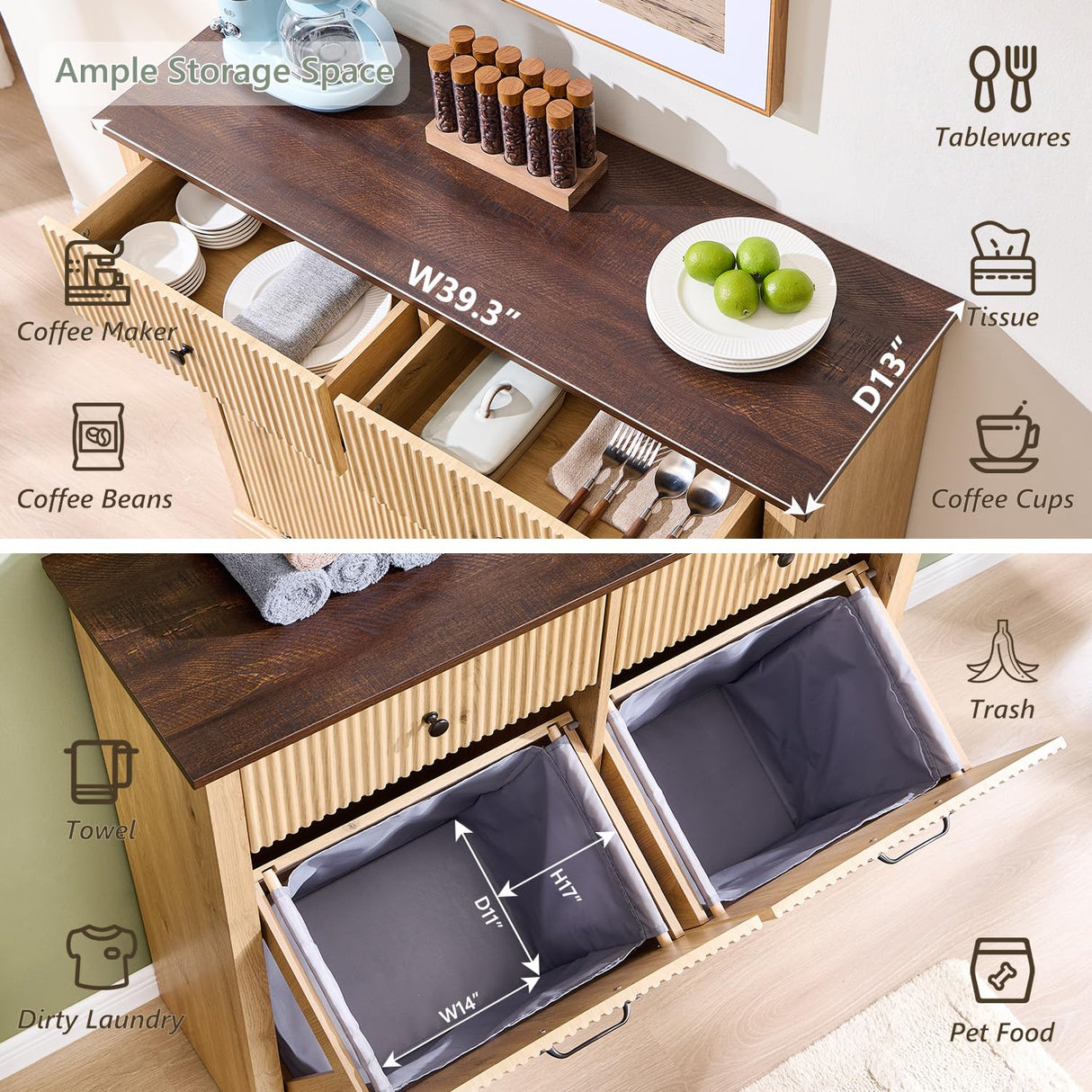 IFGET Modern Double Tilt-Out Trash Cabinet, 20 Gallon Fluted Laundry Hamper Cabinet with 2 Drawers, Wooden Hidden Garbage Can Cabinet with Storage Basket for Kitchen & Living Room, Natural Oak IFGET