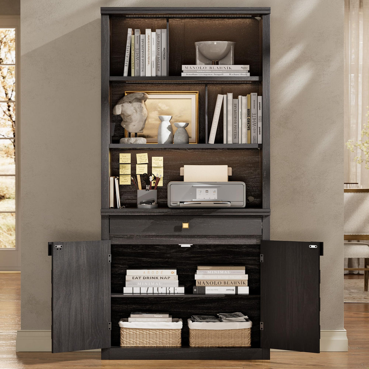 STO'SENSE 72.2" Tall Bookshelf & Bookcase with LED Lights, 6-Tier Bookshelf with Drawer and Open Shelves, Modern Display Storage Cabinet with Doors for Home Office, Living Room, Bedroom (1 Piece) STO'SENSE