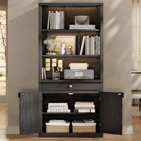 STO'SENSE 72.2" Tall Bookshelf & Bookcase with LED Lights, 6-Tier Bookshelf with Drawer and Open Shelves, Modern Display Storage Cabinet with Doors for Home Office, Living Room, Bedroom (1 Piece) STO'SENSE