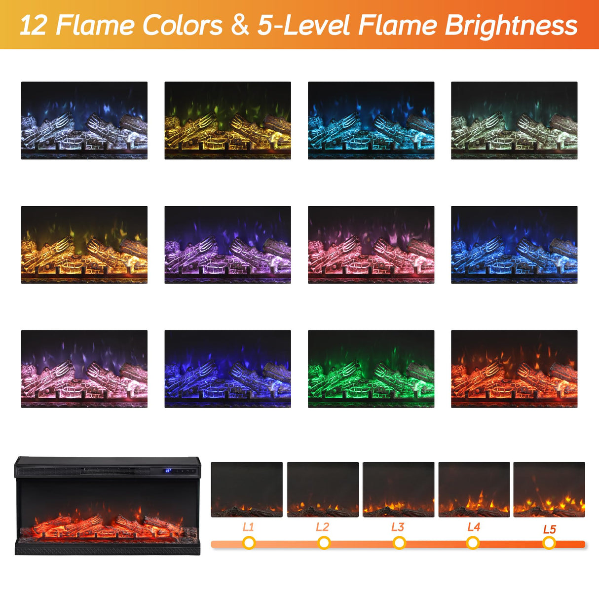 WAMPAT 36 inch 3-Sided Glass Electric Fireplace Insert, Freestanding Fireplace with Remote Control,12-Color Flame, 5 Adjustable Brightness,8 Hour Timer,1400W Fireplace Heater WAMPAT
