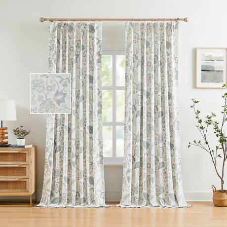 Kayne Studio Blue Grey Blackout Curtain Panels Linen Botanical Leaf Print Floral Farmhouse Drapes Soundproof Light Blocking Window Treatment Living Room Bedroom Pinch Pleated BackTab,40"x108",2 Panels Kayne Studio