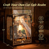 FUNPOLA 3D Wood Puzzle Book Nook Kit, Caramel Dream Cat Café Bookshelf Insert with LED Lights, DIY Miniature Bookend Décor for Display, Cozy Craft Gift for Cat Lovers and Teens (Caramel Dream) FUNPOLA