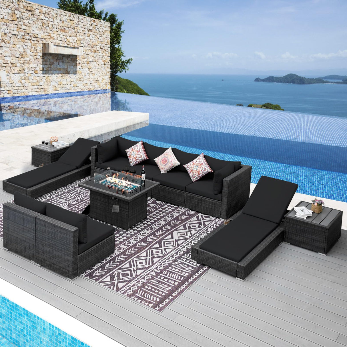 NICESOUL 11-Piece Patio Furniture with Chaise Lounge, Modern Wicker Outdoor Sectional with Fire Pit, Comfortable 29.3'' High-Back Conversation Seating, Heavy Duty All-Weather Couch Set, Grey & Black NICESOUL