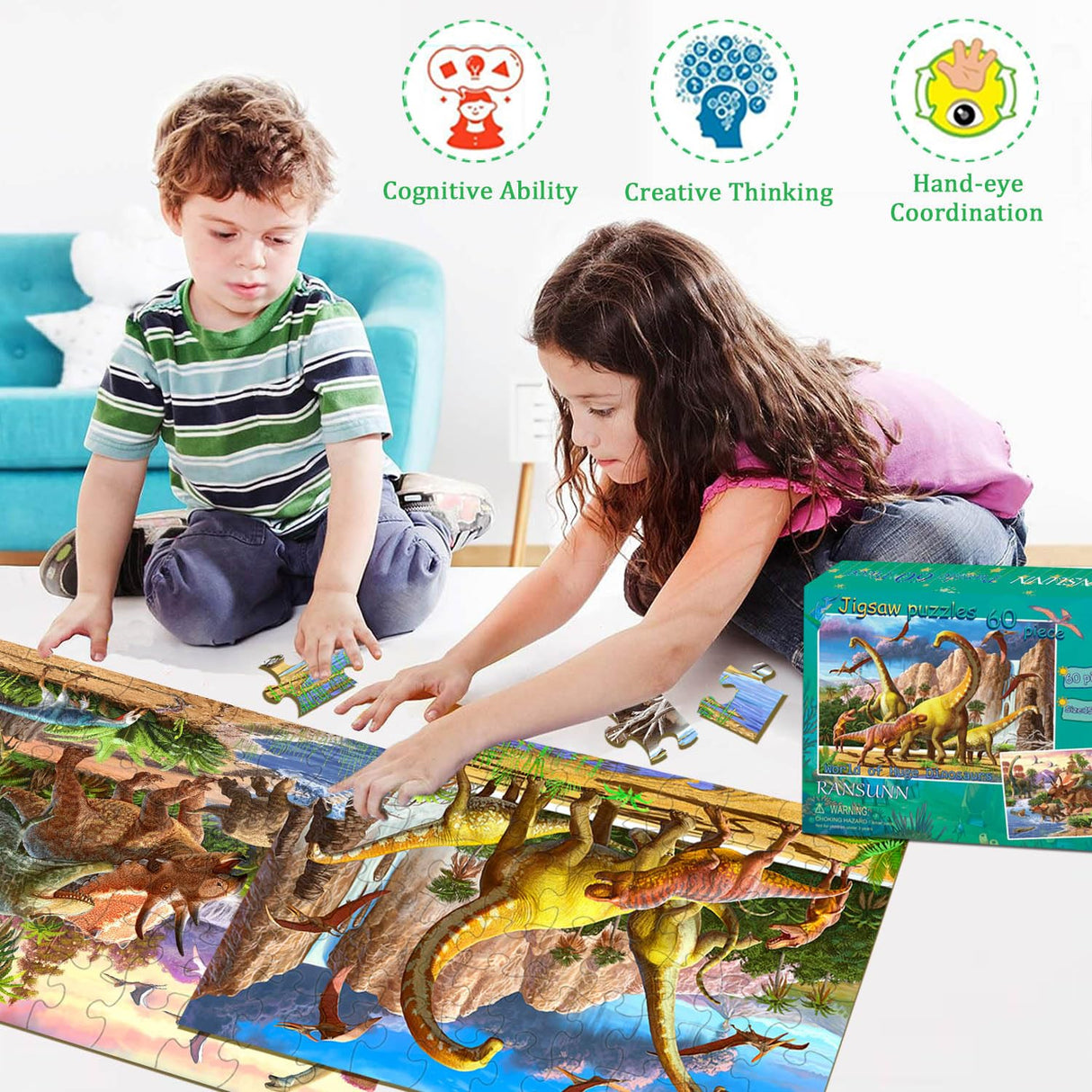 Dinosaur Puzzles for Kids Ages 4-8 Year Old - World of Huge Dinosaurs,2 Packs 60 Pieces Jigsaw Puzzle for Toddler Children Learning Educational Puzzles Toys for Boys and Girls. RANSUNN