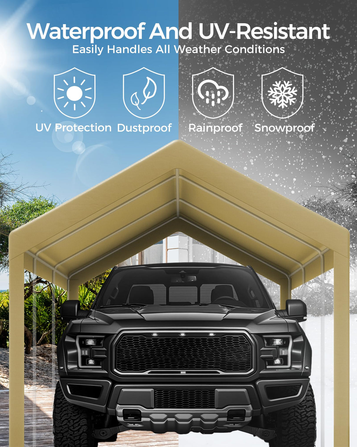 12x20 FT Heavy Duty Carport Replacement Canopy Cover, Durable Waterproof Garage Shelter Top, Car Tent for Outdoor Use, with Ball Bungees for Secure (Beige) Mars Explo