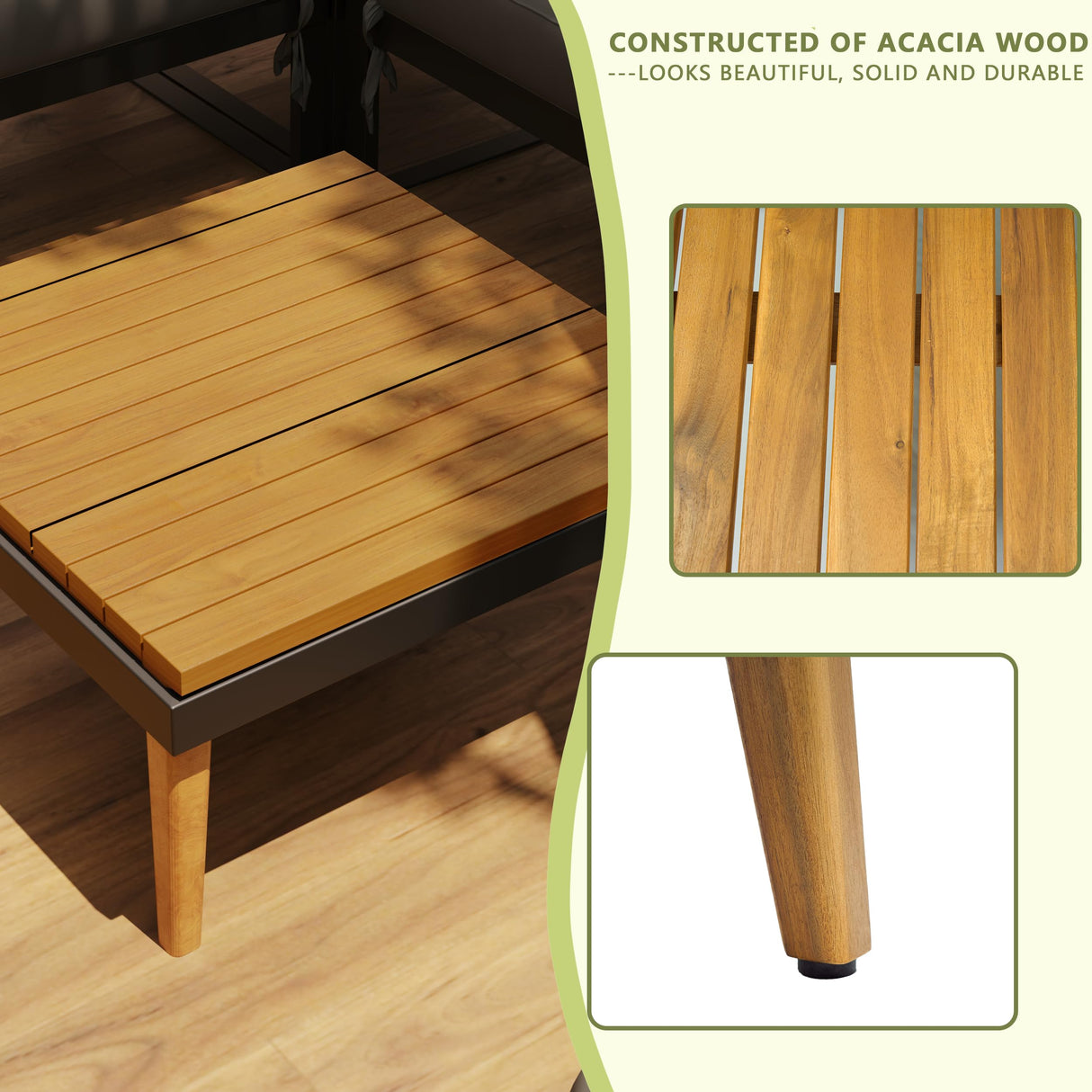 WiberWi 8 Pieces Patio Furniture Set, Outdoor Sectional Sofa Couch with Acacia Wood Coffee Table&Side Table,Modern Metal Outside Conversation Sets for Backyard,Lawn,Garden,Wood Legs,Beige WiberWi