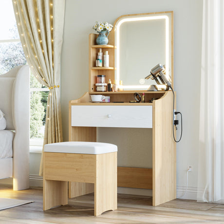 LIKIMIO Small Makeup Vanity Desk with Mirror and Lights, Vanity Table Set with Storage Drawer, Chair and Three Shelves, Bedroom, Wood LIKIMIO