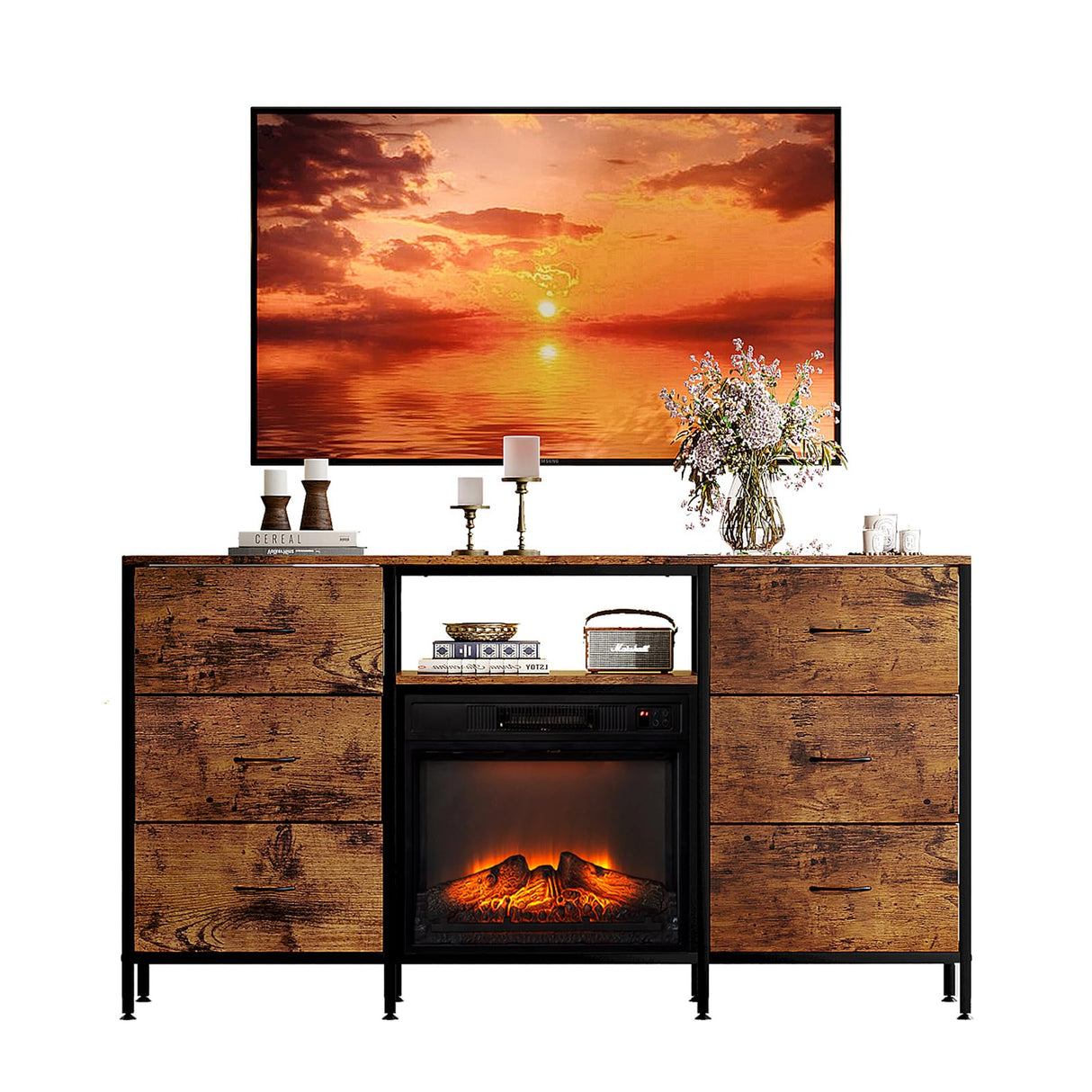 VINGLI Fireplace TV Stand Dresser with Fabric Drawer, Entertainment Center with LED Lights and Industrial TV Console Table with Open Storage Shelves for Living Room, Bedroom,Rustic Brown VINGLI