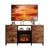 VINGLI Fireplace TV Stand Dresser with Fabric Drawer, Entertainment Center with LED Lights and Industrial TV Console Table with Open Storage Shelves for Living Room, Bedroom,Rustic Brown VINGLI