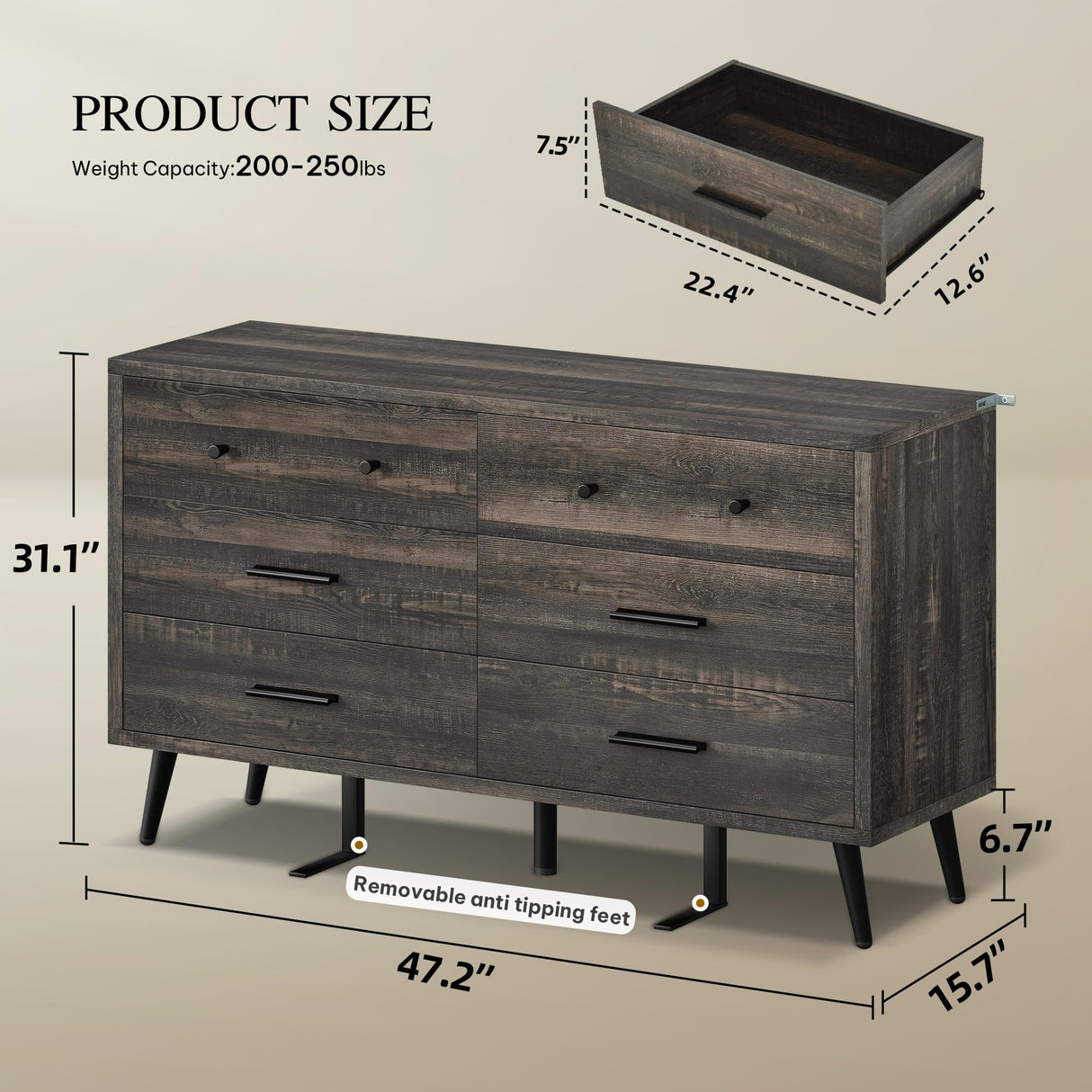 DWVO 6-Drawer Dresser, Wood Storage Cabinet with Black Metal Handles & Anti-Tip Design, Modern Chest of Drawers for Living Room, Bedroom, or Hallway-Dark Rustic Oak DWVO