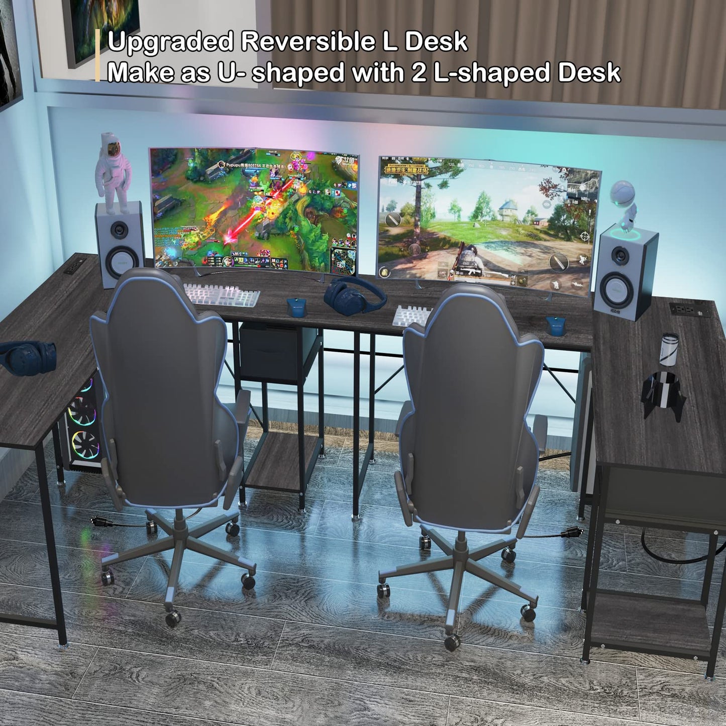 SZXKT L Shaped Desk with Drawers, Gaming Desk, Corner Computer Desk with Storage and Power Outlet,Reversible U Shaped Work Pc Desk for Home Office with Monitor Stand 2 Person Long Desk 56 Inc - WoodArtSupply