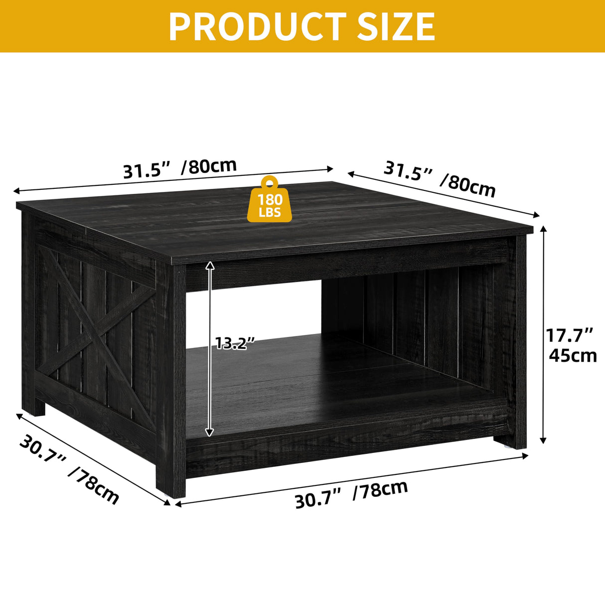 DWVO Square Coffee Table for Living Room, Farmhouse Coffee Table with Storage, 2-Tier Wood Coffee Tables Center Table with Half Open Storage Compartment, Black DWVO