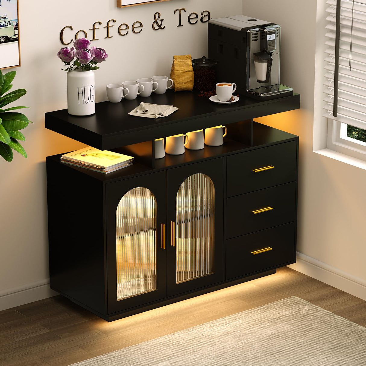 HWB Black RGB LED Coffee Bar Cabinet with Large Storage & Charging Station for Kitchen and Dining Room HWB