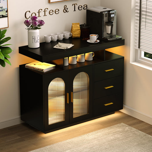 HWB Black RGB LED Coffee Bar Cabinet with Large Storage & Charging Station for Kitchen and Dining Room