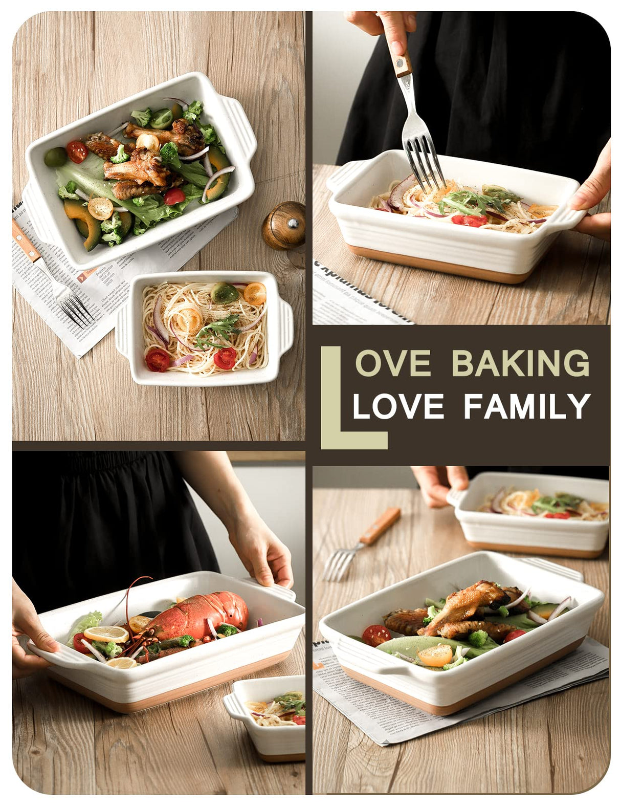 YMASINS Ceramic Baking Dish, Casserole Dishes for Oven, Extra Deep Lasagna Pans with Handles, Rectangular Bakeware Set of 3 from Oven to Table, Easy to Clean, 14.7 x 8.7 x 3 Inches, White YMASINS