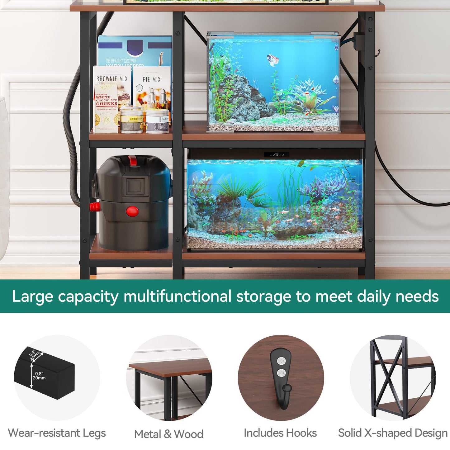 YITAHOME 10-29-37 Gallon Fish Tank Stand with Power Outlet, 30x16 Inch Metal Aquarium Stand with 3-Tier Adjustable Storage Shelves and Hooks, 450LBS Capacity, Rustic Brown