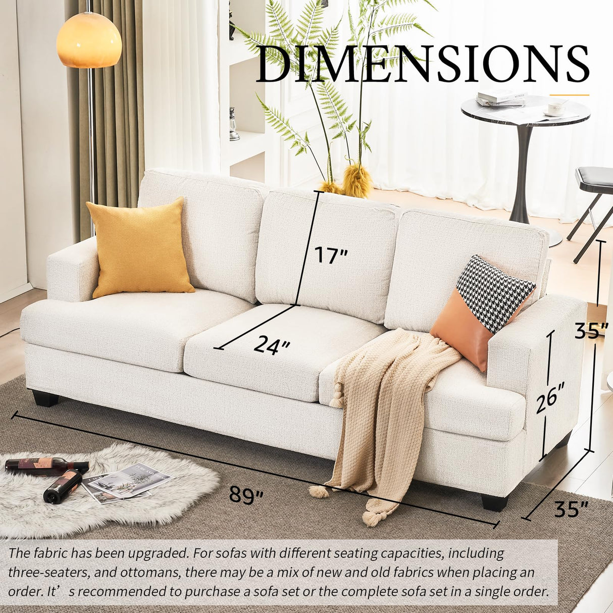 VanAcc 89 Inch Sofa, Comfy Sofa Couch with Extra Deep Seats, Modern Sofa Couch- 3 Seater Sofa, Couch for Living Room Apartment Lounge, Beige Chenille VanAcc