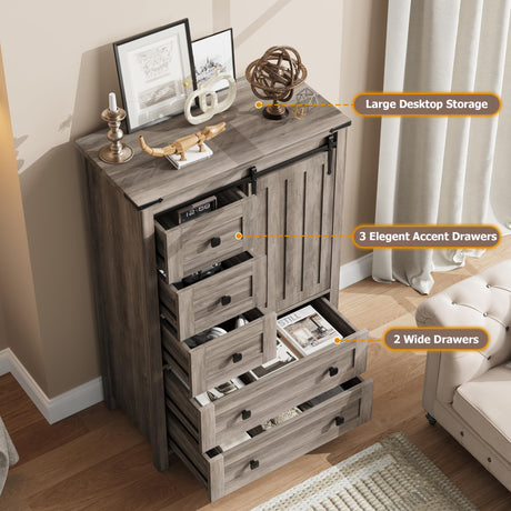 GarveeHome Farmhouse 5 Drawer Dresser for Bedroom, 48 in Tall Wood Dresser Chest of Drawer with Sliding Barn Door, Adjustable Shelf, Storage Organizer for Bedroom, Hallway, Living Room, Kitchen, Grey GarveeHome