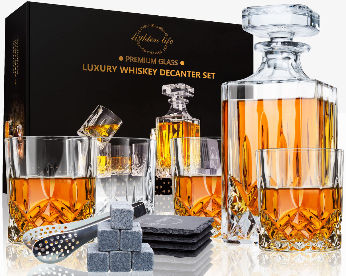LIGHTEN LIFE Whiskey Decanter Set with Bar Accessories,Crystal Whiskey Decanter and Glass Set in Gift Box,Non-Lead Bourbon Decanter Set for Rum Scotch,Wedding Anniversary Birthday Gift for Men Him Dad LIGHTEN LIFE