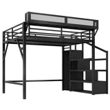 TCMILA Queen Size Loft Bed with Convertible Storage Stairs, LED, USB-Port, Heavy Duty Metal Frame with Open Wardrobe, Kids, Adults, Boys, Bedroom, No Box Spring Needed, Black TCMILA