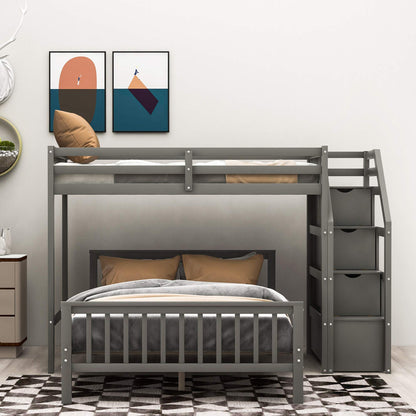 Twin Over Full Solid Wood Bunk Bed with Storage Stairs in Grey - WoodArtSupply