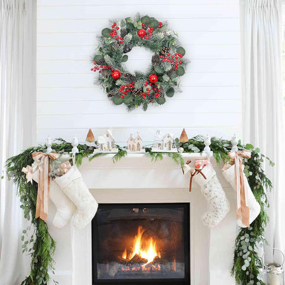 podafu 22 Inch Christmas Wreath Christmas Wreaths for Front Door Artificial Winter Wreath with Red Balls Holly Berries Pine Cones and Eucalyptus Leaves for Xmas Holiday Wall Fireplace Porch