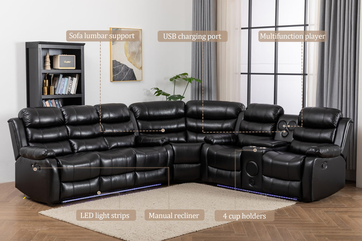 INSTORY 6-Seater Reclining Sofa Set, Faux Leather Living Room Set, Bluetooth Speakers, LED Lights, Drop Down Table, Cup Holders, USB Outlet, Storage Box (Black) INSTORY
