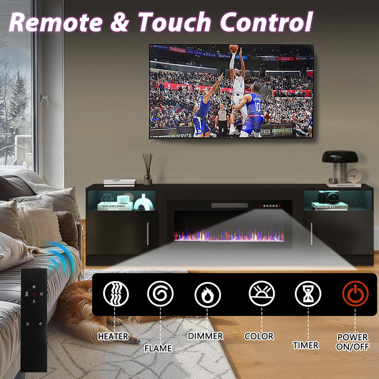 TAVATA Fireplace TV Stand with 36" Fireplace，80" TV Stand with LED Light for TVs Up to 85"，Entertainment Center Console Table with Highlight Storage Cabinets (Black) TAVATA