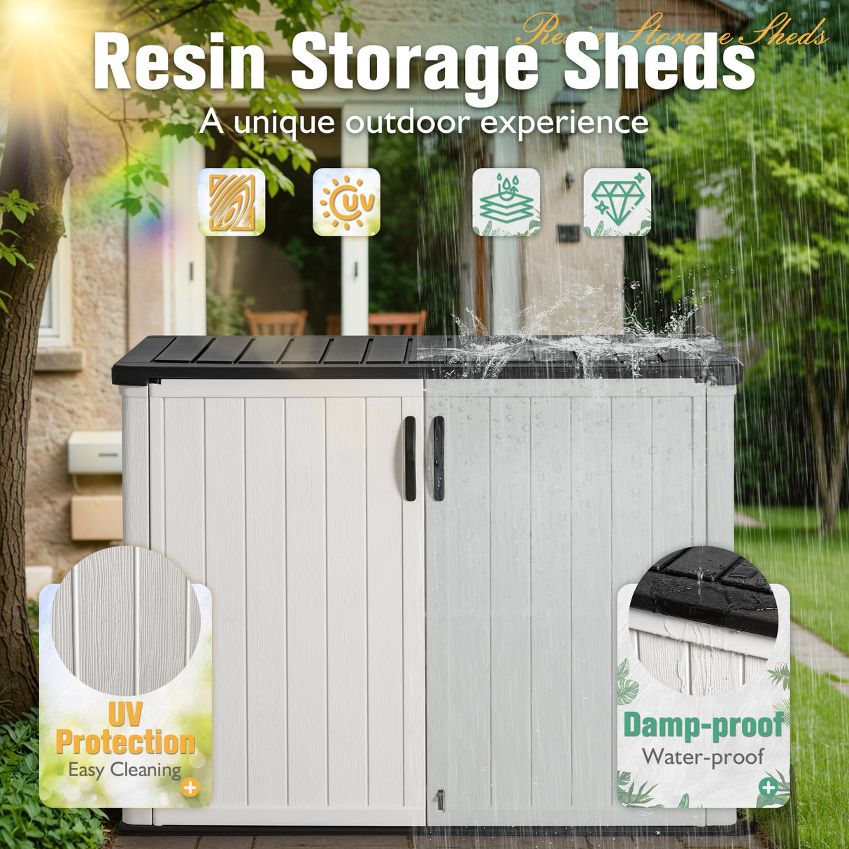 Greesum Outdoor Horizontal Storage Sheds 27 Cu.ft Resin Large Storaged Box Weather Resistance, Without Shelf, Easy to Assemble, Prefect for Garden, Patios, Backyards, White Greesum