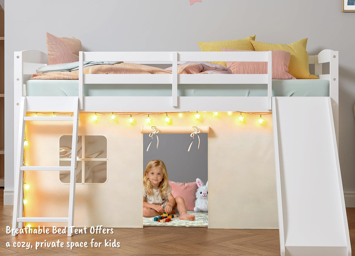 Spirich Kids Loft Bed with Slide and Ladder, Solid Wood Twin Loft Bed Frames with Bed Tent, Low Loft Bed with Guardrails, No Box Spring Needed, White Spirich