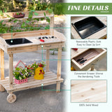 Outsunny 36'' Wooden Potting Bench Work Table with 2 Removable Wheels, Sink, Drawer & Large Storage Spaces, Natural Outsunny