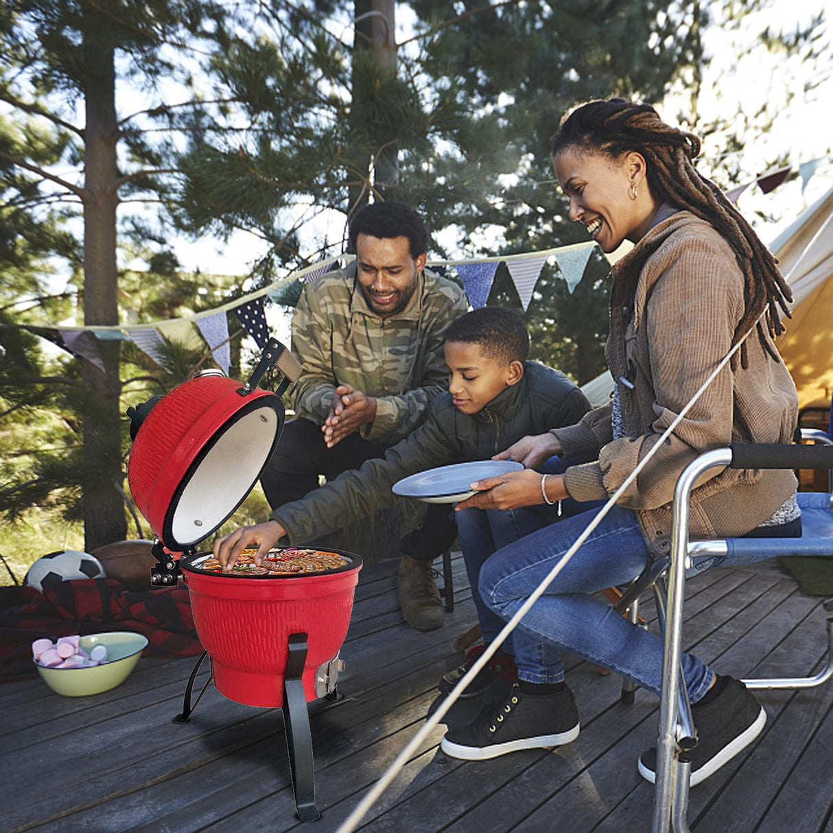 Ceramic Grill, 13" Round Kamado Charcoal Grill, Portable Barbecue Grill with Thermometer for Variations on Cooking Methods ossofire