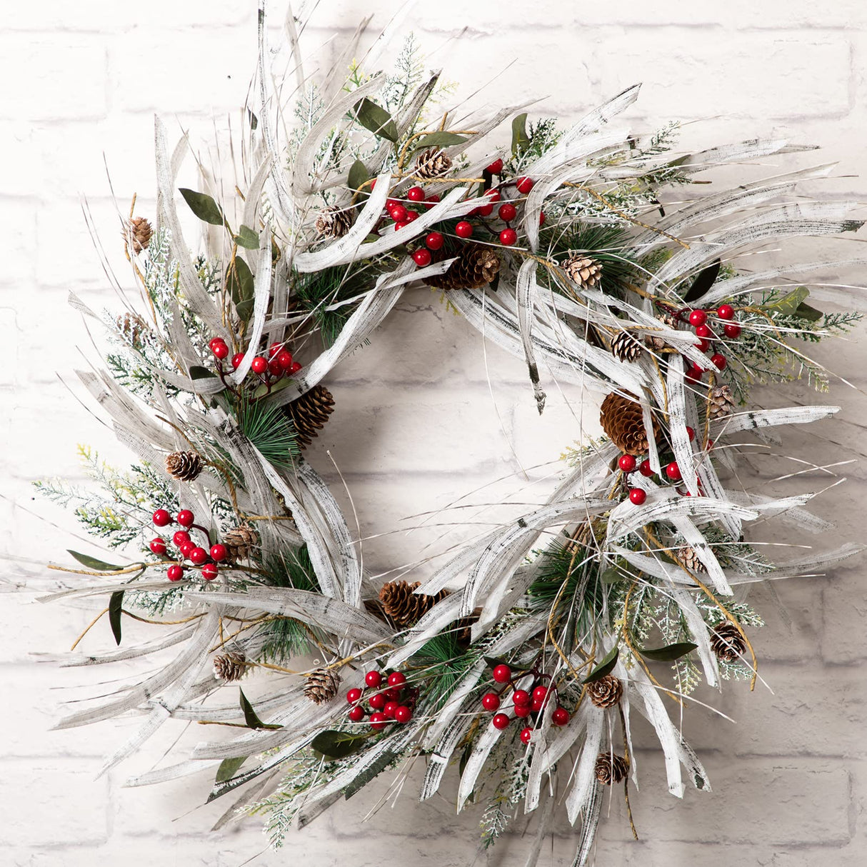 LOHASBEE Artificial Christmas Wreath, 24" Snow Flocked Pine Cone Grapevine Frosted Wreath with Red Berries Eucalyptus for Front Door Winter Christmas Home Hanging Wall Window Party Decor LOHASBEE