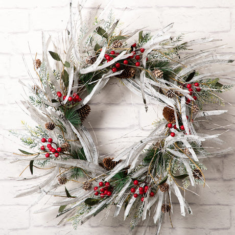LOHASBEE Artificial Christmas Wreath, 24" Snow Flocked Pine Cone Grapevine Frosted Wreath with Red Berries Eucalyptus for Front Door Winter Christmas Home Hanging Wall Window Party Decor LOHASBEE