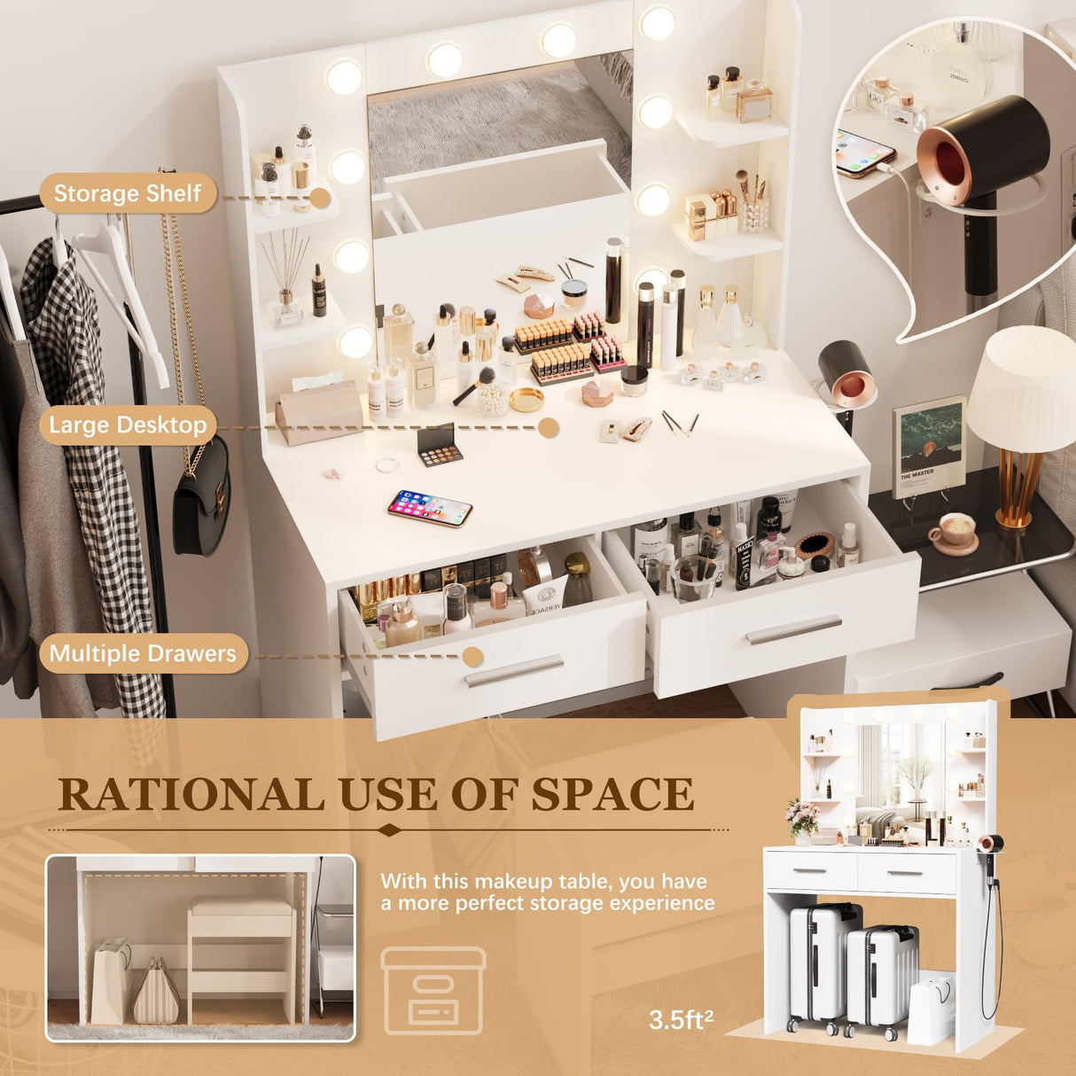 Furmax Make up Vanity Desk with Mirror and Power Outlet, Vanity with 3 Color Light Options Adjustable Brightness,Vanity Desk with 2 Drawers, 6 Storage Shelves (White, with Bench) Furmax